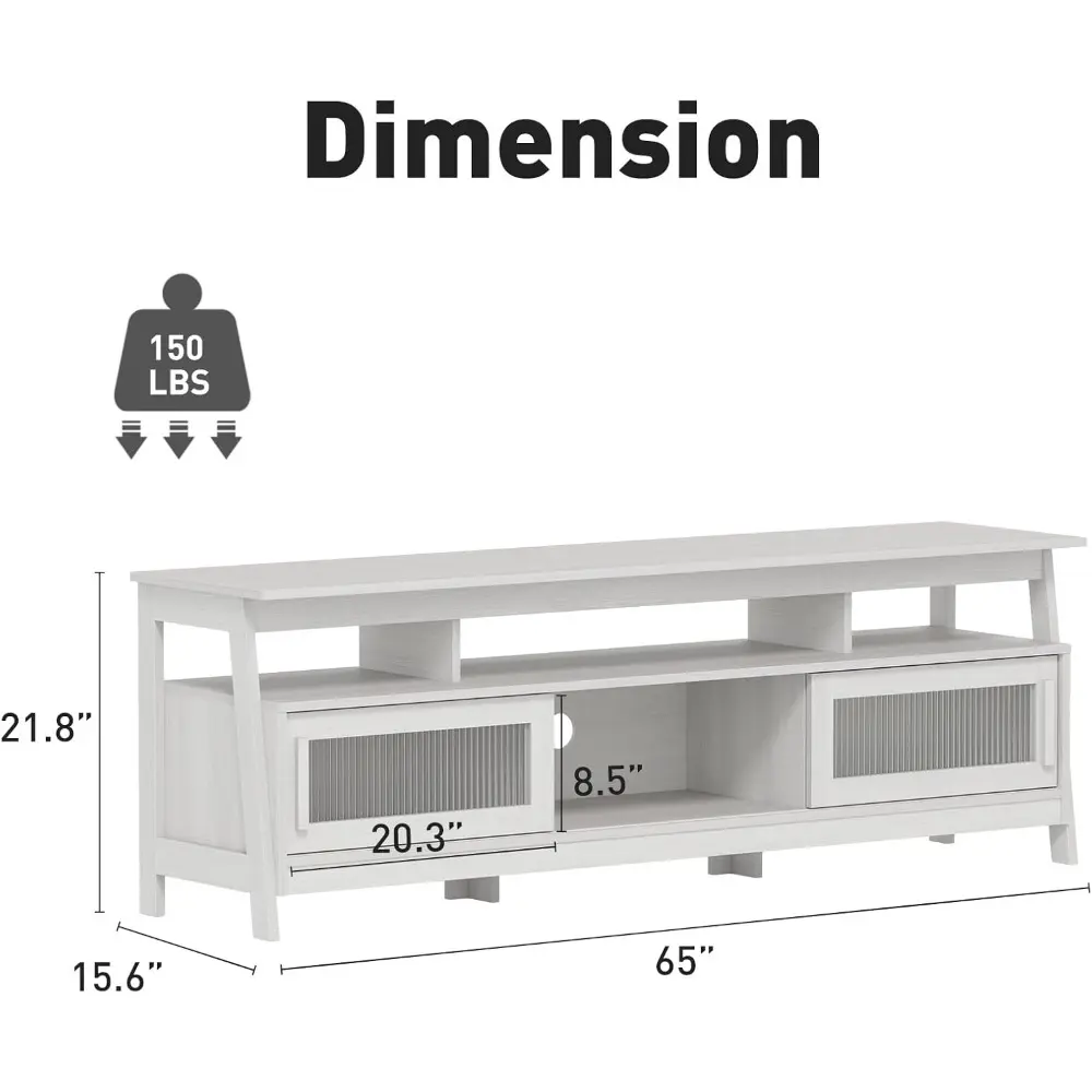 Modern TV Stand for 65 Inch TV, White Entertainment Center with Storage and Sliding Doors, TV Cabinet with Cable Hole and Solid