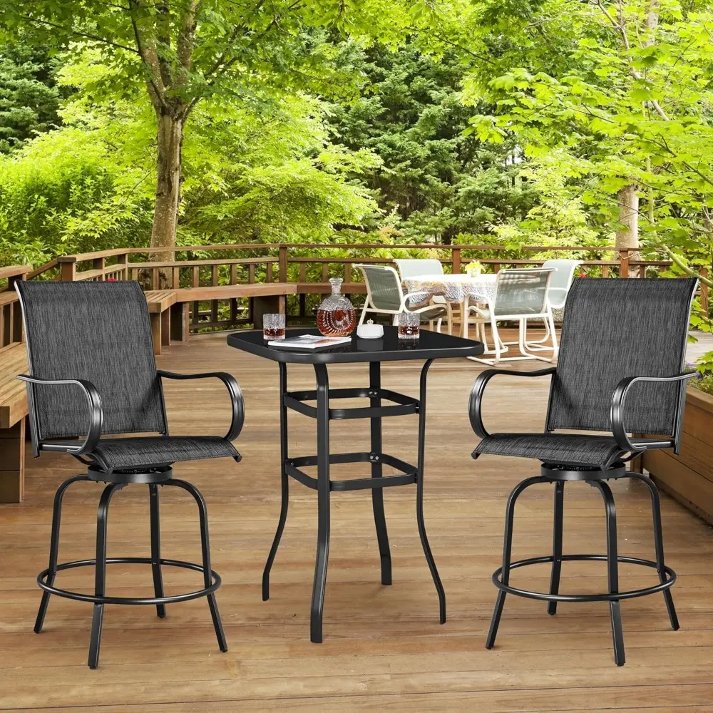 Yaheetech 3 Pieces Outdoor Swivel Bar Set, Patio Swivel Bar Stools Set with High Back/Armrest/Footrest Chairs and Tempered Glass