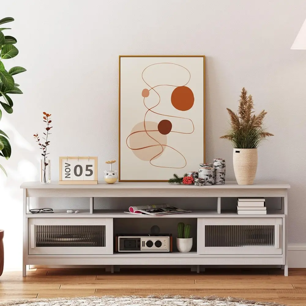 Modern TV Stand for 65 Inch TV, White Entertainment Center with Storage and Sliding Doors, TV Cabinet with Cable Hole and Solid