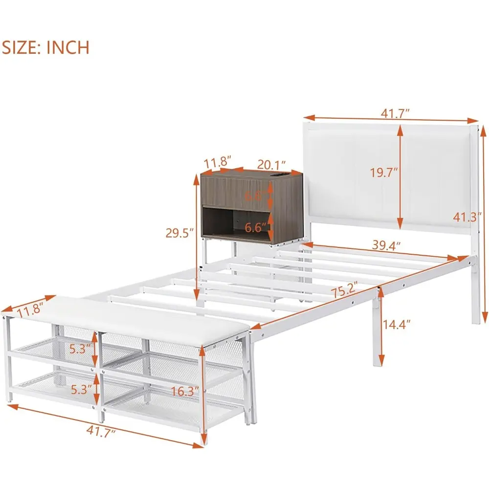 Metal Platform Bed with Two-Tier Storage Shelves, Wooden Storage Cabinet, Durable Metal Frame with Soft Upholstery, Twin Size, W
