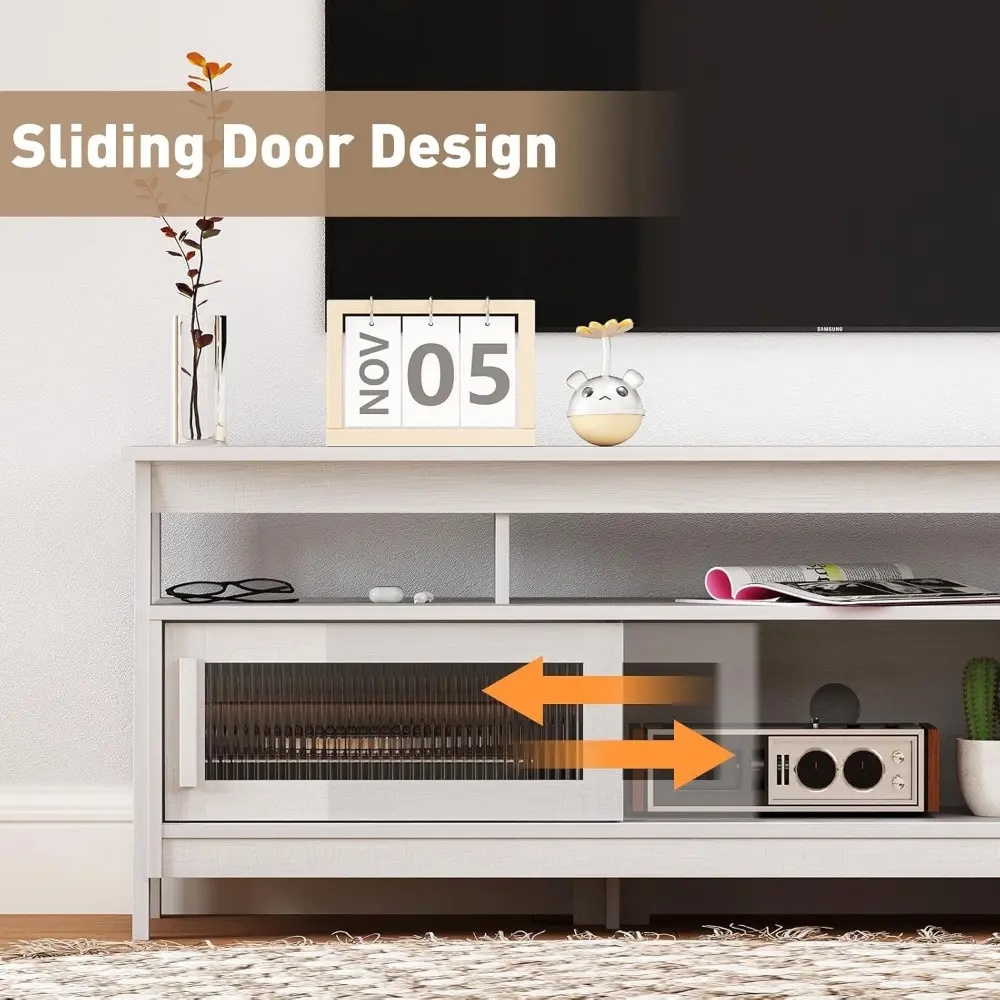 Modern TV Stand for 65 Inch TV, White Entertainment Center with Storage and Sliding Doors, TV Cabinet with Cable Hole and Solid