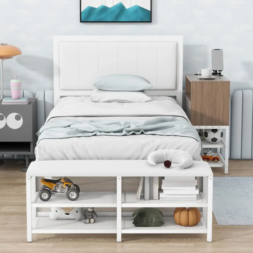Metal Platform Bed with Two-Tier Storage Shelves, Wooden Storage Cabinet, Durable Metal Frame with Soft Upholstery, Twin Size, W
