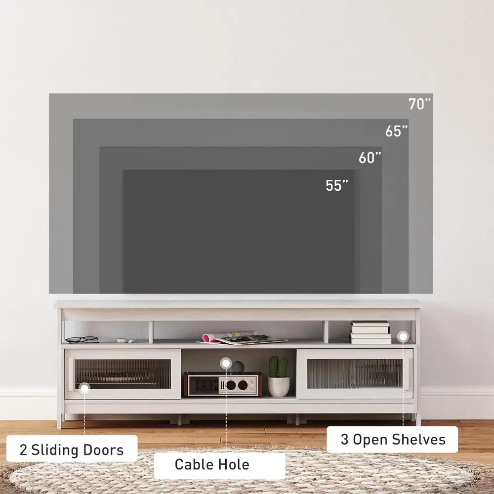 Modern TV Stand for 65 Inch TV, White Entertainment Center with Storage and Sliding Doors, TV Cabinet with Cable Hole and Solid