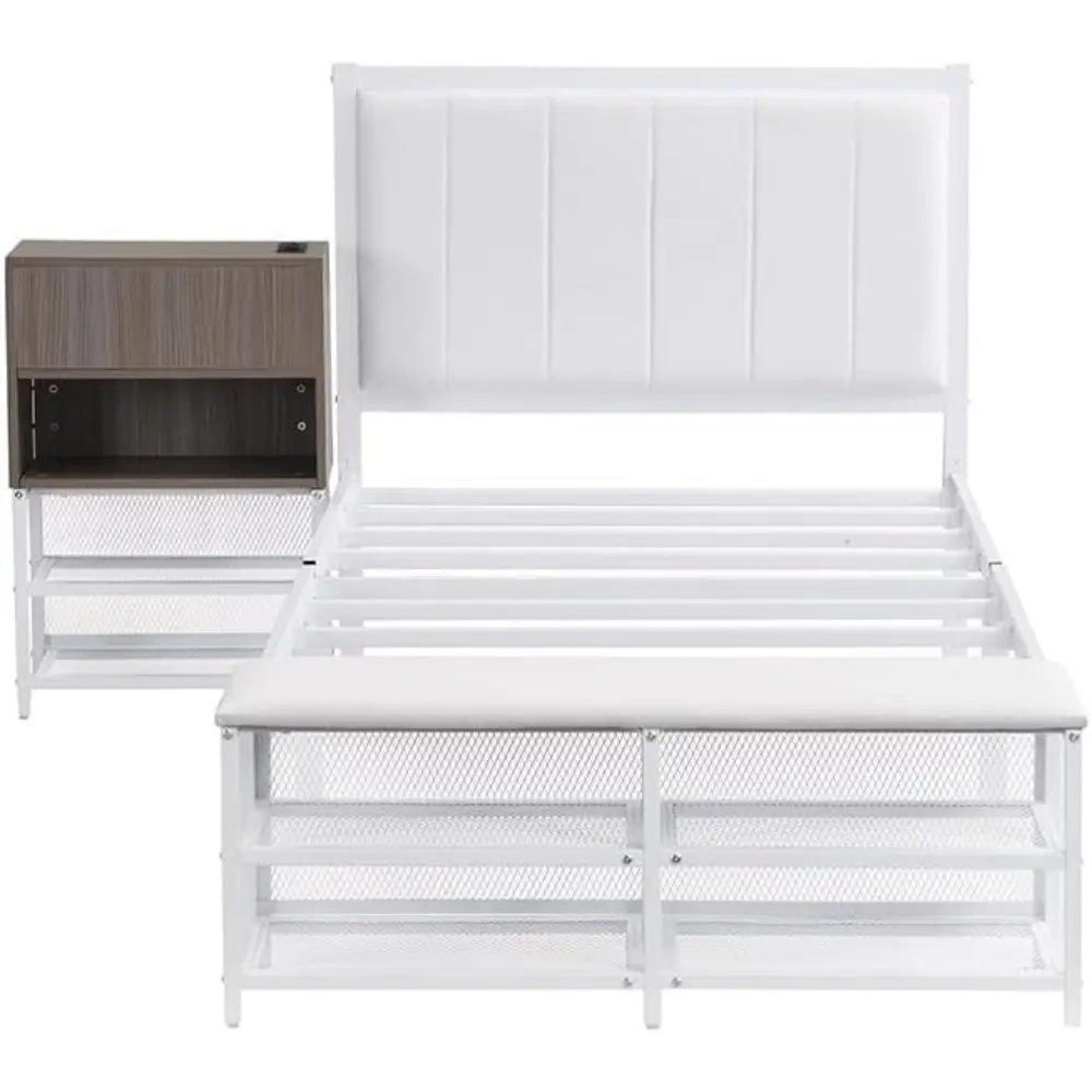 Metal Platform Bed with Two-Tier Storage Shelves, Wooden Storage Cabinet, Durable Metal Frame with Soft Upholstery, Twin Size, W