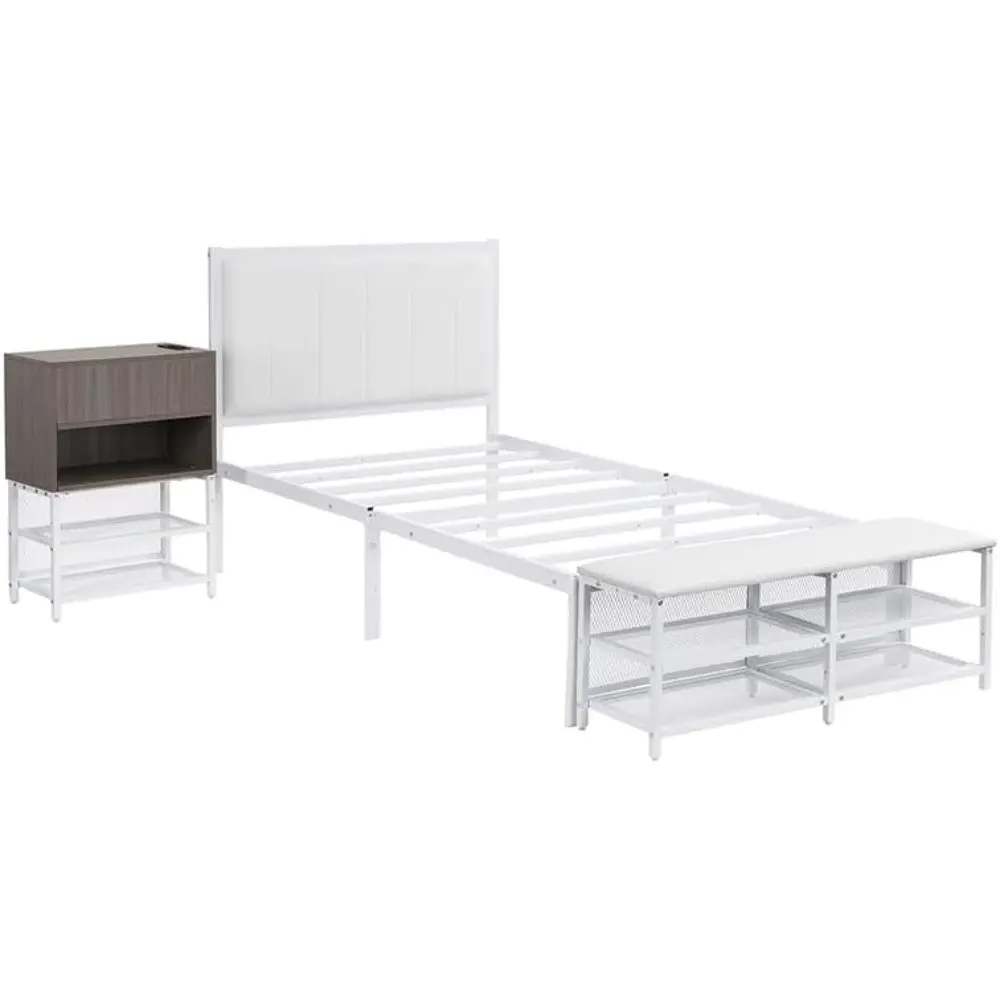 Metal Platform Bed with Two-Tier Storage Shelves, Wooden Storage Cabinet, Durable Metal Frame with Soft Upholstery, Twin Size, W