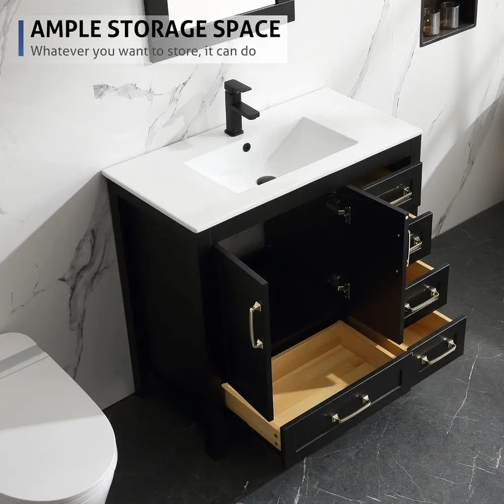 36" Bathroom Vanities with Sink Combo, Modern Thickened Wood Bathroom Storage Cabinet w/Undermount Sink, Matte Black Faucet Dra