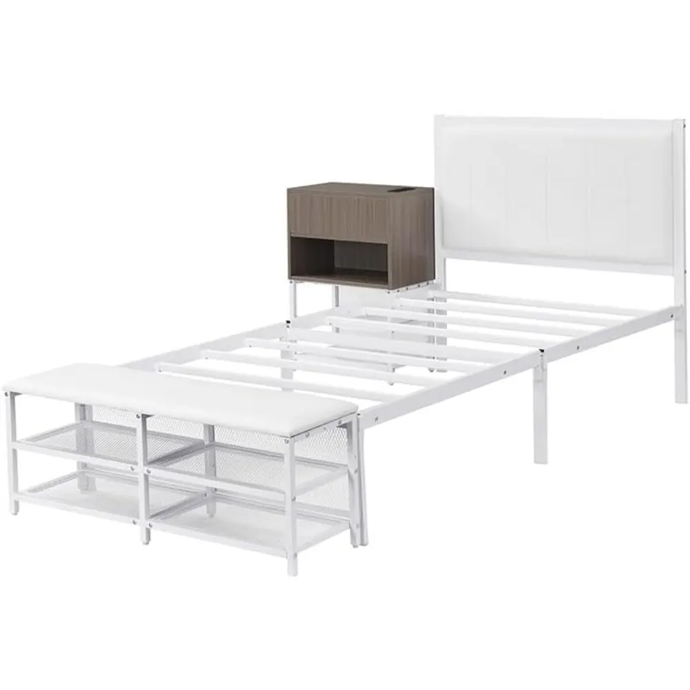 Metal Platform Bed with Two-Tier Storage Shelves, Wooden Storage Cabinet, Durable Metal Frame with Soft Upholstery, Twin Size, W
