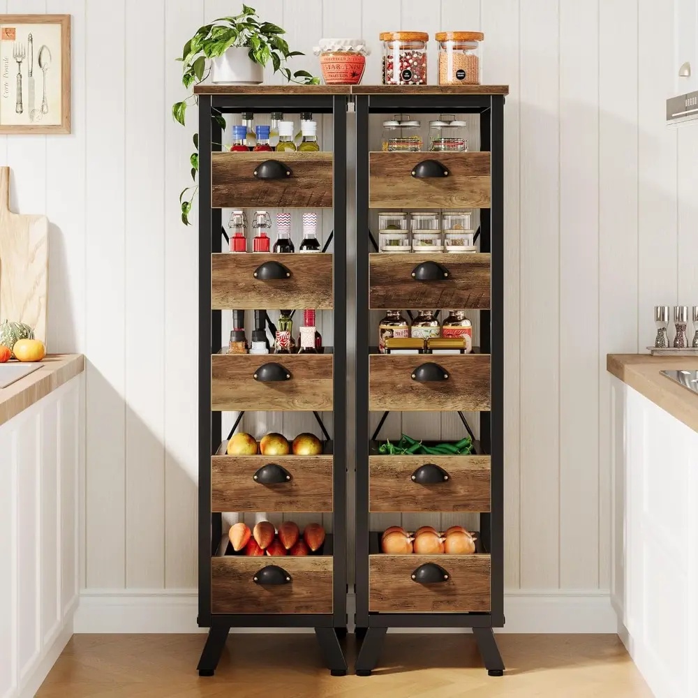 Wood Fruit and Vegetable Storage Rack Set of 2, 5-Tier Narrow Snack Stand Kitchen Stand Fruit Basket, Pull-Out Utility Organize