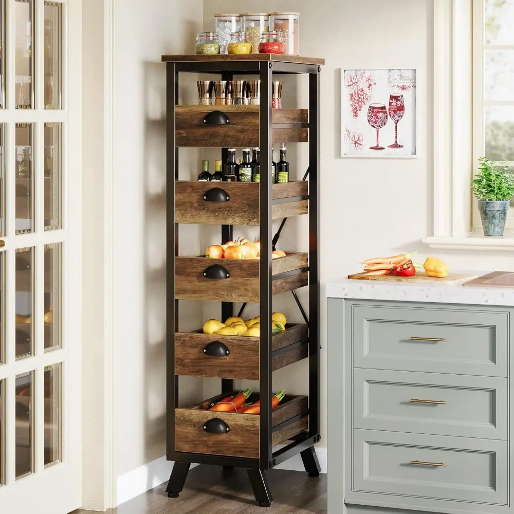 Wood Fruit and Vegetable Storage Rack Set of 2, 5-Tier Narrow Snack Stand Kitchen Stand Fruit Basket, Pull-Out Utility Organize