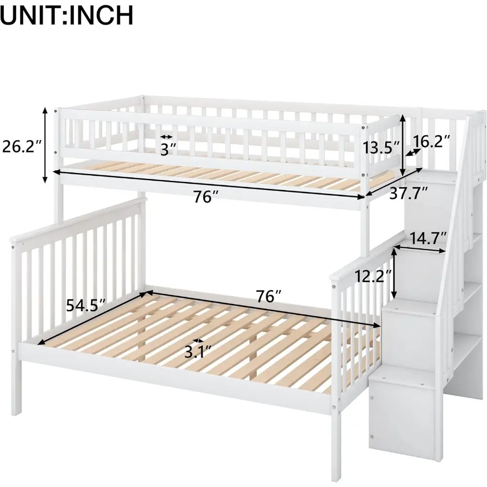 Harper & Bright Designs Twin Over Full Bunk Bed with Stairs, Wooden Bunk Bed Frame with Storage Shelves, No Box Spring Needed (B