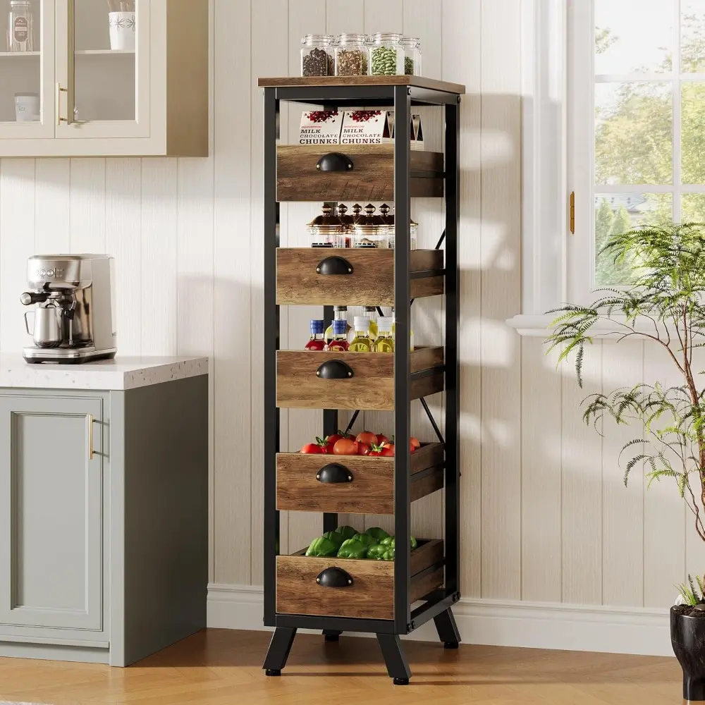 Wood Fruit and Vegetable Storage Rack Set of 2, 5-Tier Narrow Snack Stand Kitchen Stand Fruit Basket, Pull-Out Utility Organize