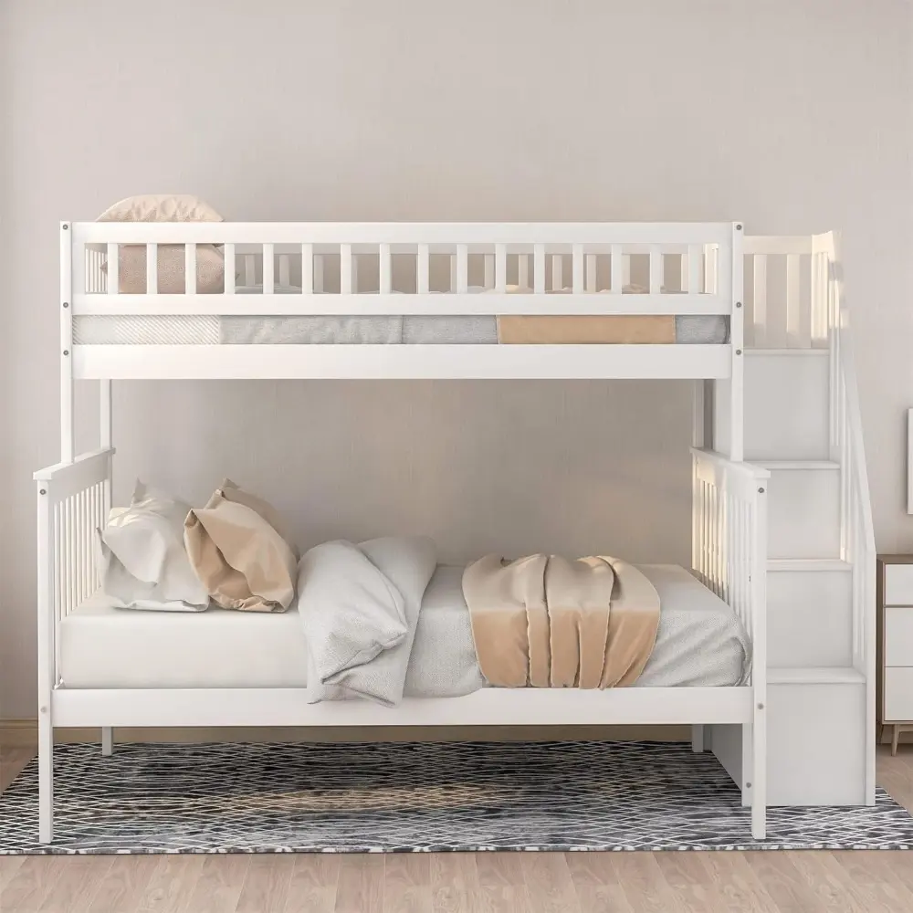 Harper & Bright Designs Twin Over Full Bunk Bed with Stairs, Wooden Bunk Bed Frame with Storage Shelves, No Box Spring Needed (B