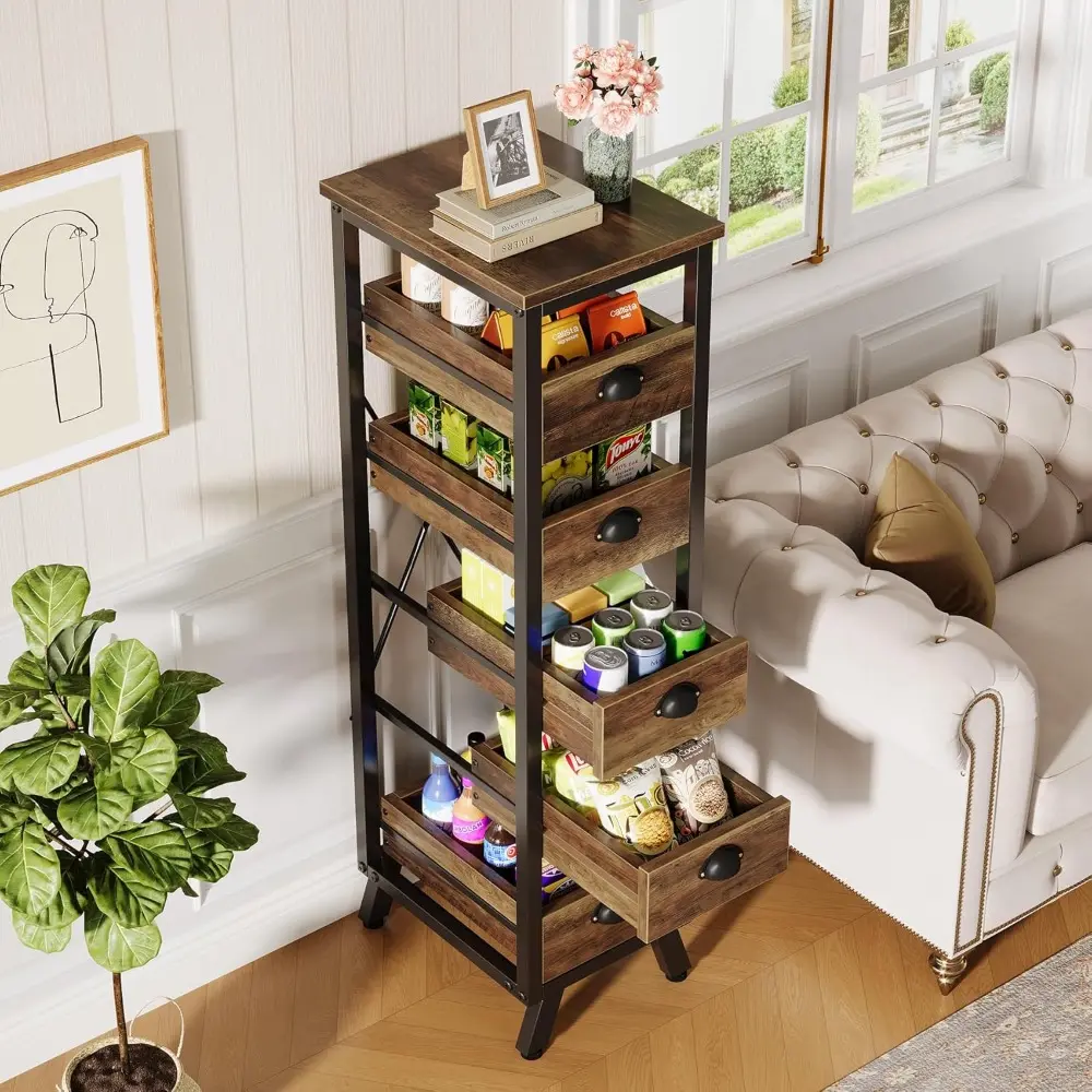 Wood Fruit and Vegetable Storage Rack Set of 2, 5-Tier Narrow Snack Stand Kitchen Stand Fruit Basket, Pull-Out Utility Organize