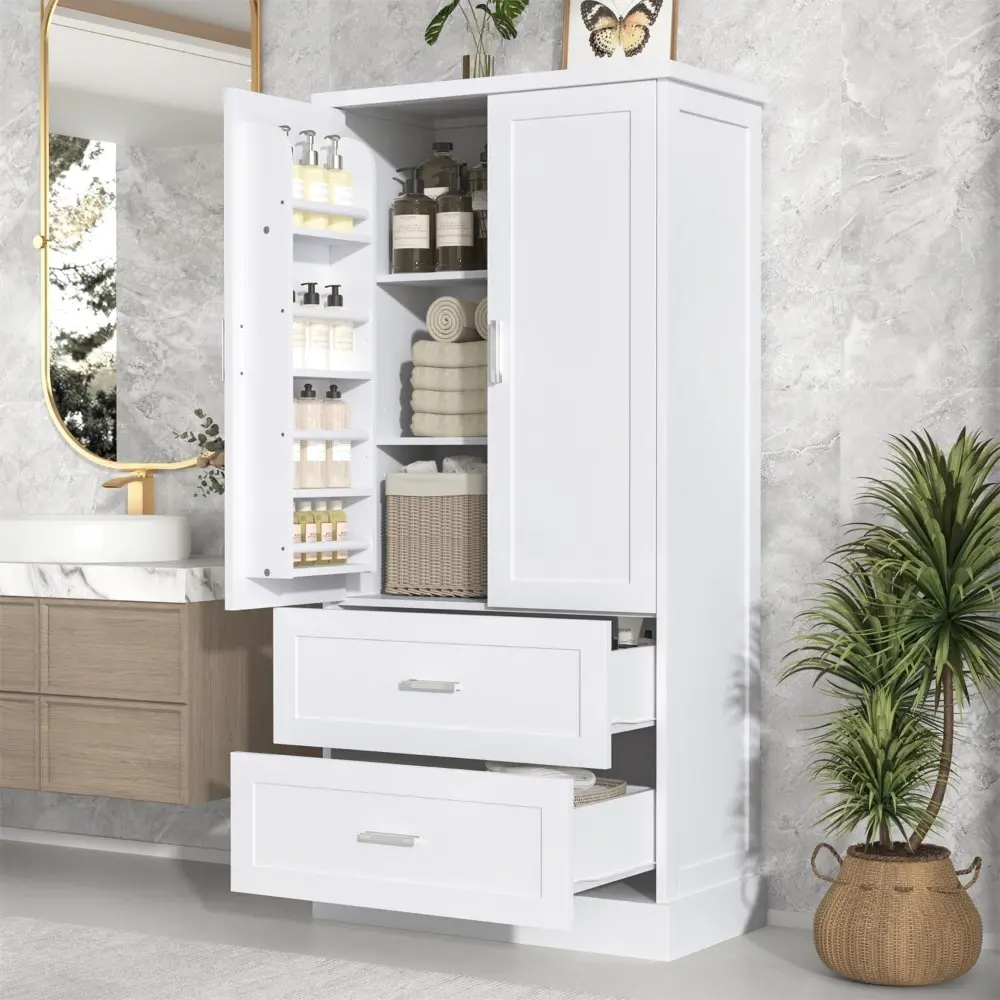 Tall Wide Storage Cabinet, Wood Storage Cabinet with 2 Door,2 Drawers and Adjustable Shelves, for Bathroom,Kitchen, Living Room