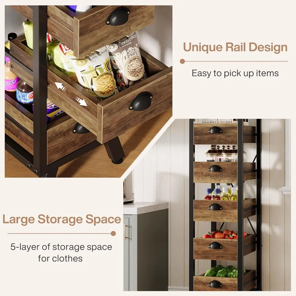 Wood Fruit and Vegetable Storage Rack Set of 2, 5-Tier Narrow Snack Stand Kitchen Stand Fruit Basket, Pull-Out Utility Organize