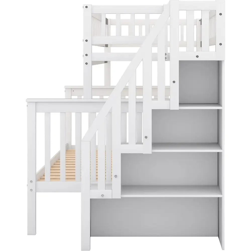 Harper & Bright Designs Twin Over Full Bunk Bed with Stairs, Wooden Bunk Bed Frame with Storage Shelves, No Box Spring Needed (B
