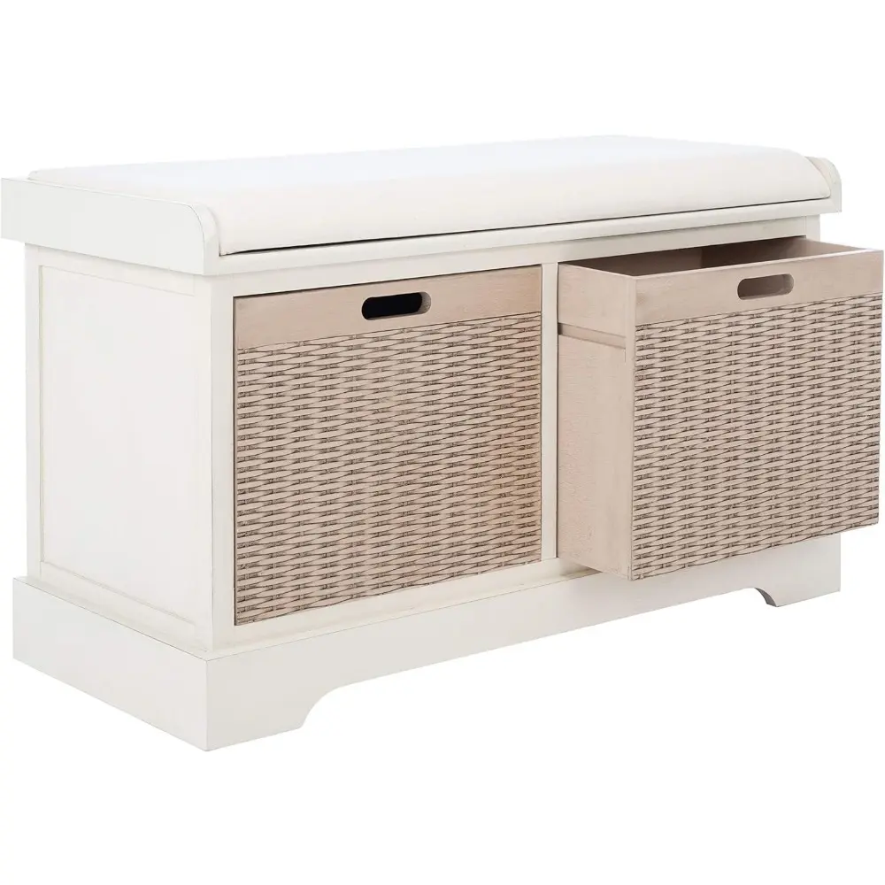 Home Collection Landers Distressed White 2-Drawer/Cushion Storage Bench (Fully Assembled) BCH5702A