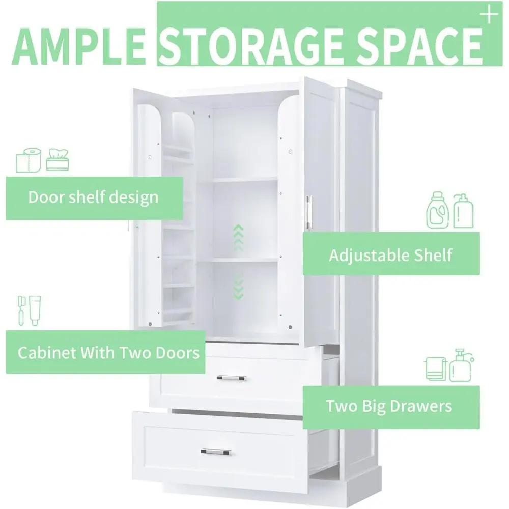 Tall Wide Storage Cabinet, Wood Storage Cabinet with 2 Door,2 Drawers and Adjustable Shelves, for Bathroom,Kitchen, Living Room