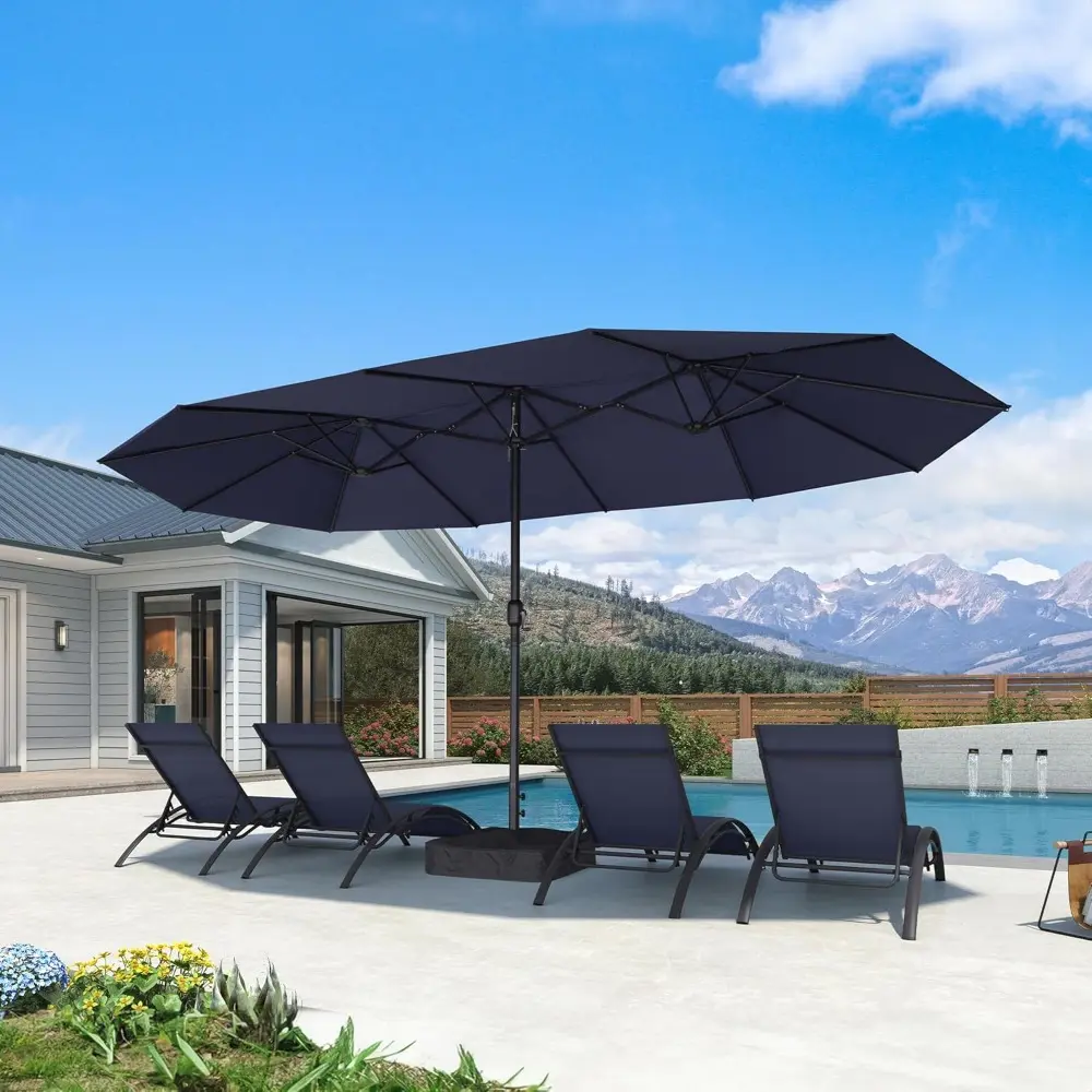 15ft Patio Market Umbrella with Base Double-Sided Rectangle Outdoor Table Sun Umbrellas with Crank 12 Heavy Duty Sturdy Ribs fo