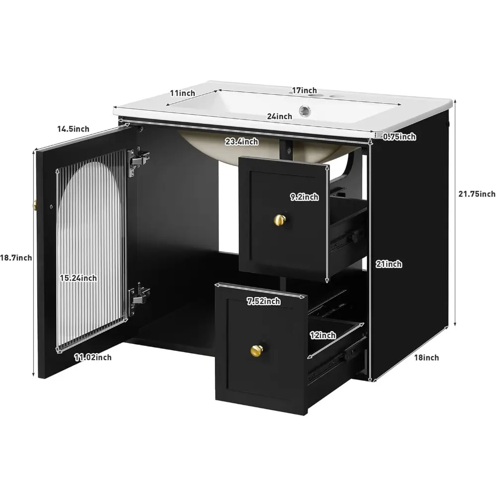 24" Floating Bathroom Vanity with Sink, Wall Mounted Bathroom Storage Vanity Cabinet with Fluted Glass Door and 2 Drawers, Cera