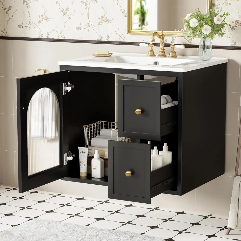 24" Floating Bathroom Vanity with Sink, Wall Mounted Bathroom Storage Vanity Cabinet with Fluted Glass Door and 2 Drawers, Cera