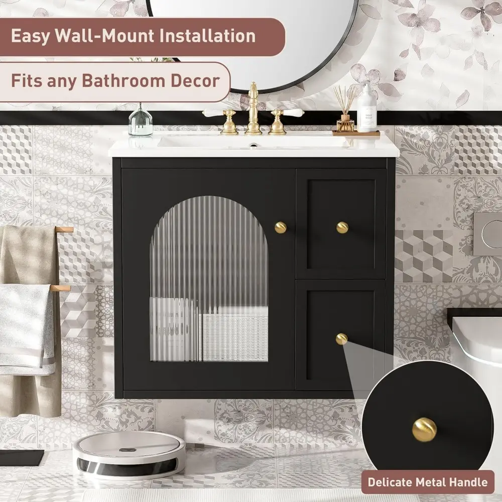 24" Floating Bathroom Vanity with Sink, Wall Mounted Bathroom Storage Vanity Cabinet with Fluted Glass Door and 2 Drawers, Cera