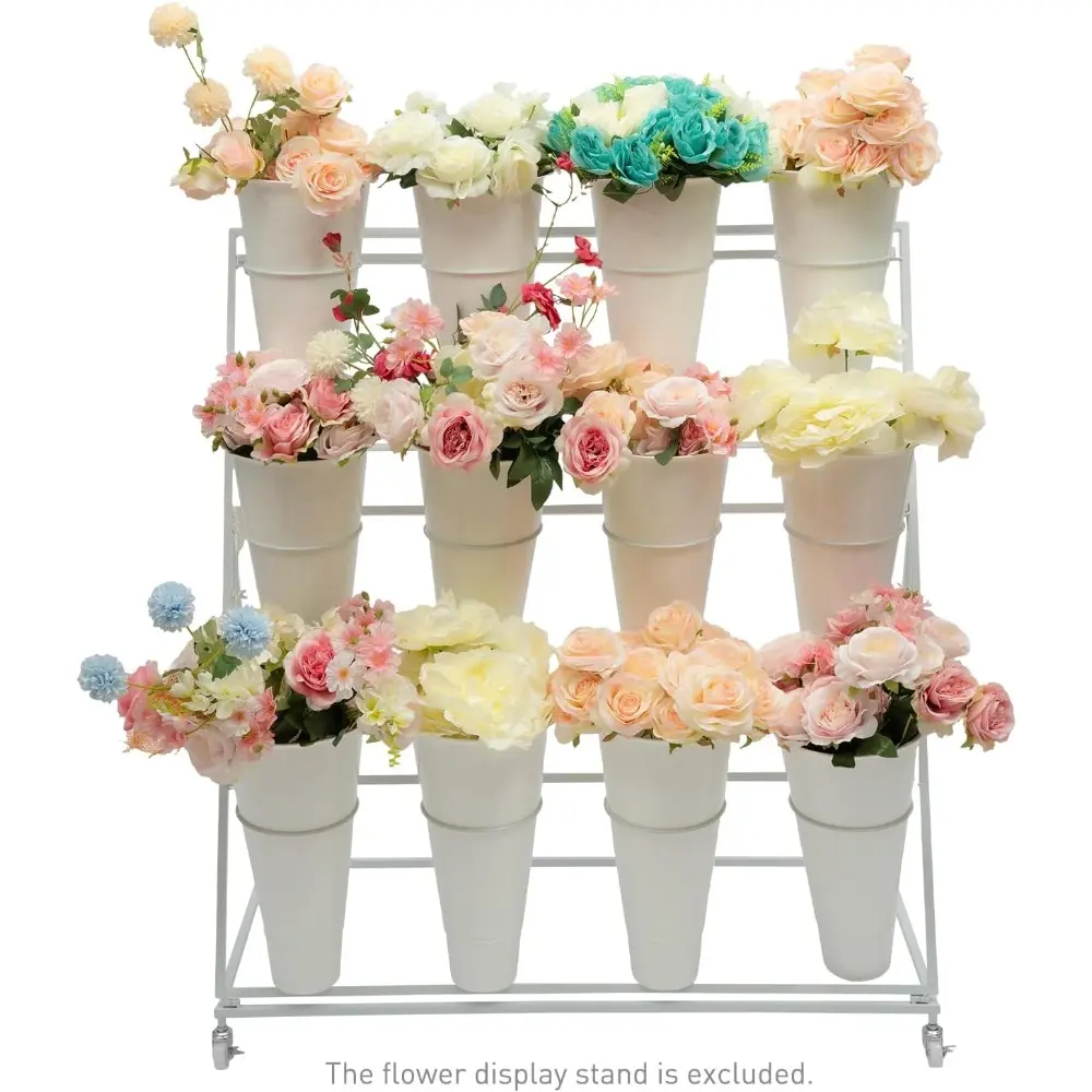 3 Tier Flower Display Stands with Wheels, Indoor Outdoor Plant Stand Metal Flower Shelf Flower Bucket Holder Heavy Duty Moving