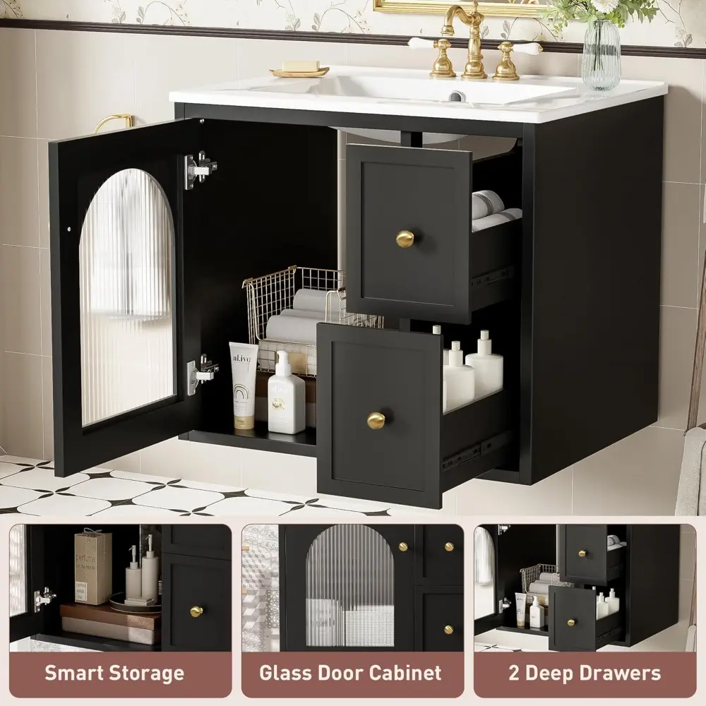 24" Floating Bathroom Vanity with Sink, Wall Mounted Bathroom Storage Vanity Cabinet with Fluted Glass Door and 2 Drawers, Cera