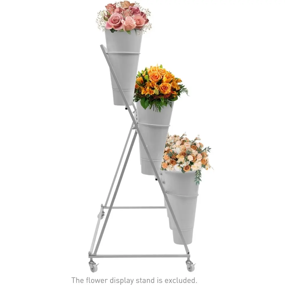 3 Tier Flower Display Stands with Wheels, Indoor Outdoor Plant Stand Metal Flower Shelf Flower Bucket Holder Heavy Duty Moving