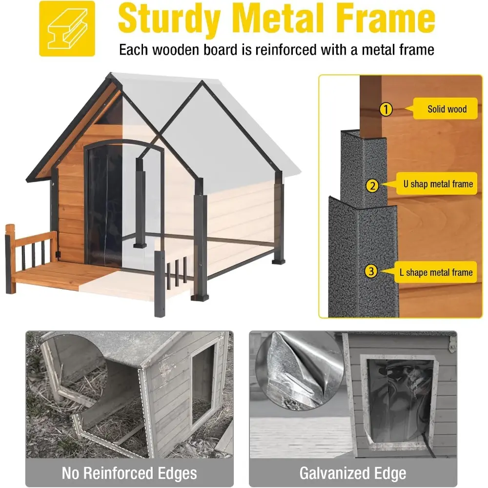 Dog House Outdoor Weatherproof Chew Proof Large Dog Kennel with Metal Frame for Small Medium Large Dogs, 50.9" D x 37.4" W x 37