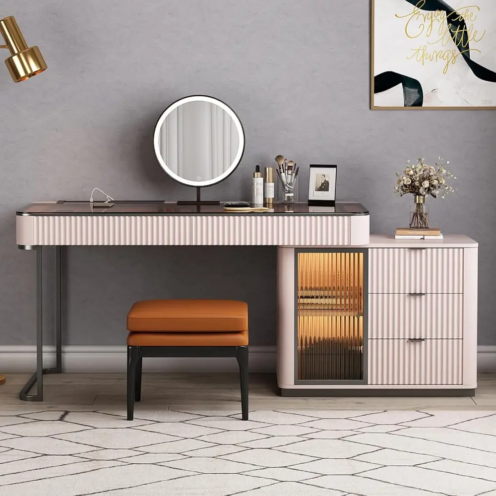 Larits Makeup Vanity with Stool, Very Easy to Assemble, Dressing Table in one, Super Storage with LED Light Vanity Mirror with a