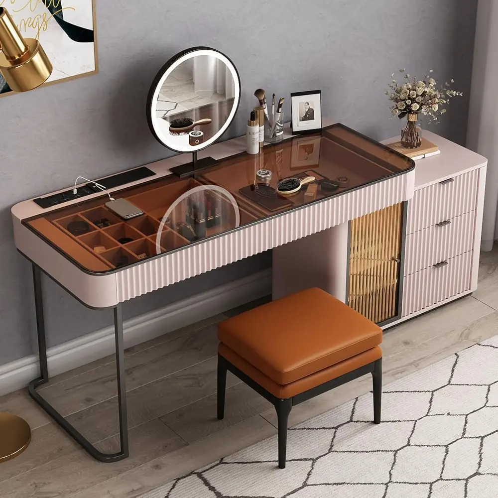 Larits Makeup Vanity with Stool, Very Easy to Assemble, Dressing Table in one, Super Storage with LED Light Vanity Mirror with a