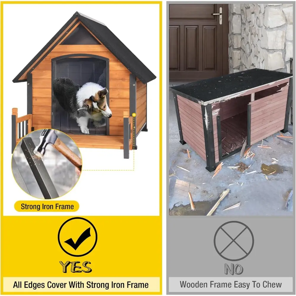 Dog House Outdoor Weatherproof Chew Proof Large Dog Kennel with Metal Frame for Small Medium Large Dogs, 50.9" D x 37.4" W x 37