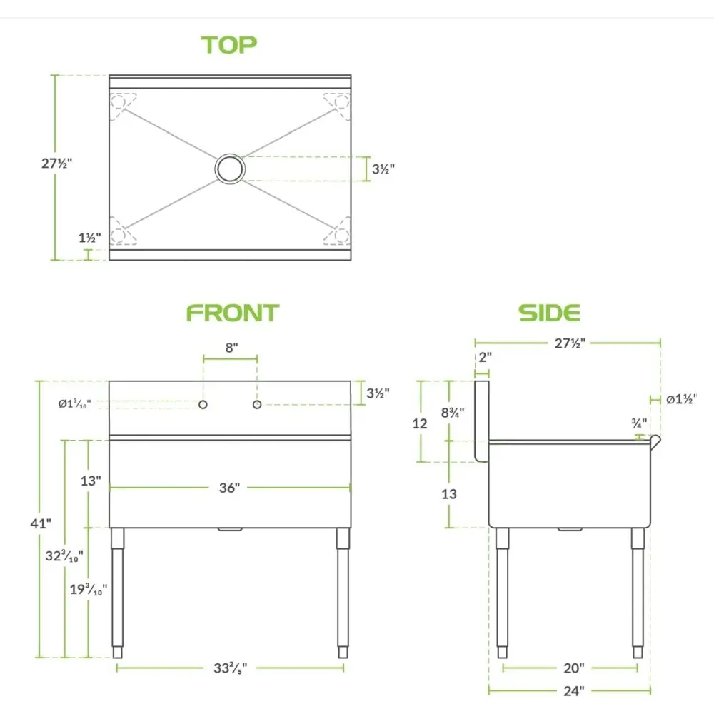 Commercial Stainless Steel Utility Sink 36" x 24" x 13", Free Standing Kitchen, Garage, Laundry, Restaurant, Outdoor Sink For 8"
