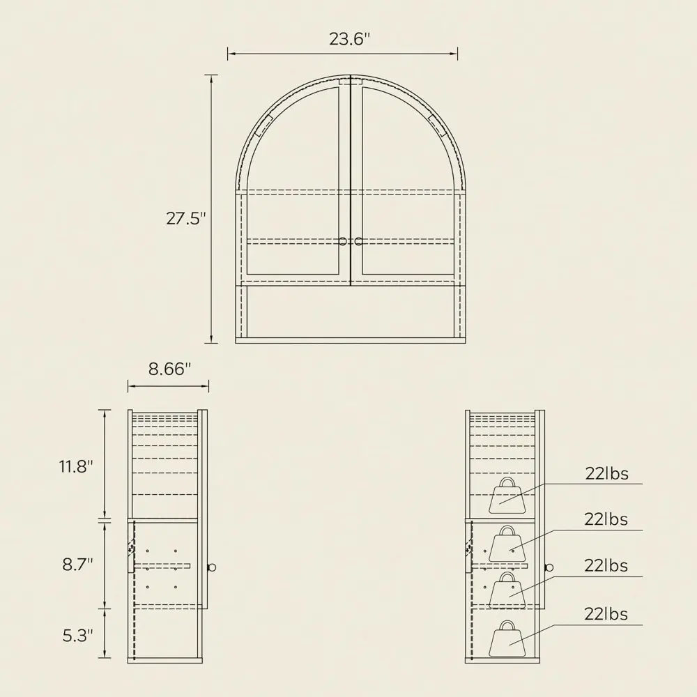 Large Arched Wall Cabinet with Acrylic Door, Wood Wall Mounted Bathroom Cabinet, Modern Hanging Medicine Cabinet with Adjustable