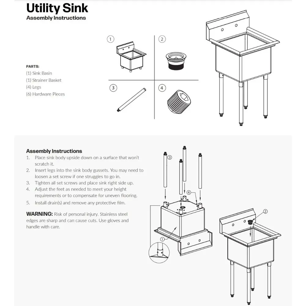 Commercial Stainless Steel Utility Sink 36" x 24" x 13", Free Standing Kitchen, Garage, Laundry, Restaurant, Outdoor Sink For 8"