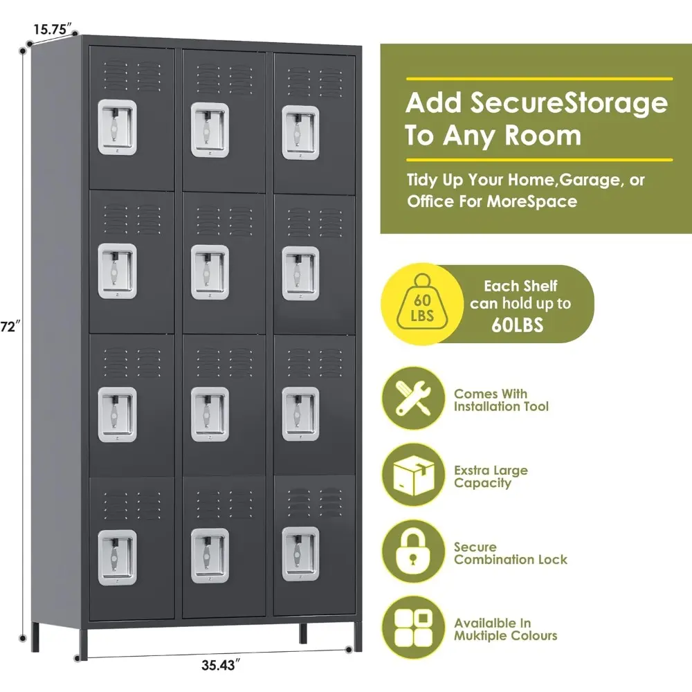 Metal Lockers for Employees with 12 Door and 12 Hooks,Metal Storage Locker with Lock for School Office Gym Bedroom,Assembly Requ