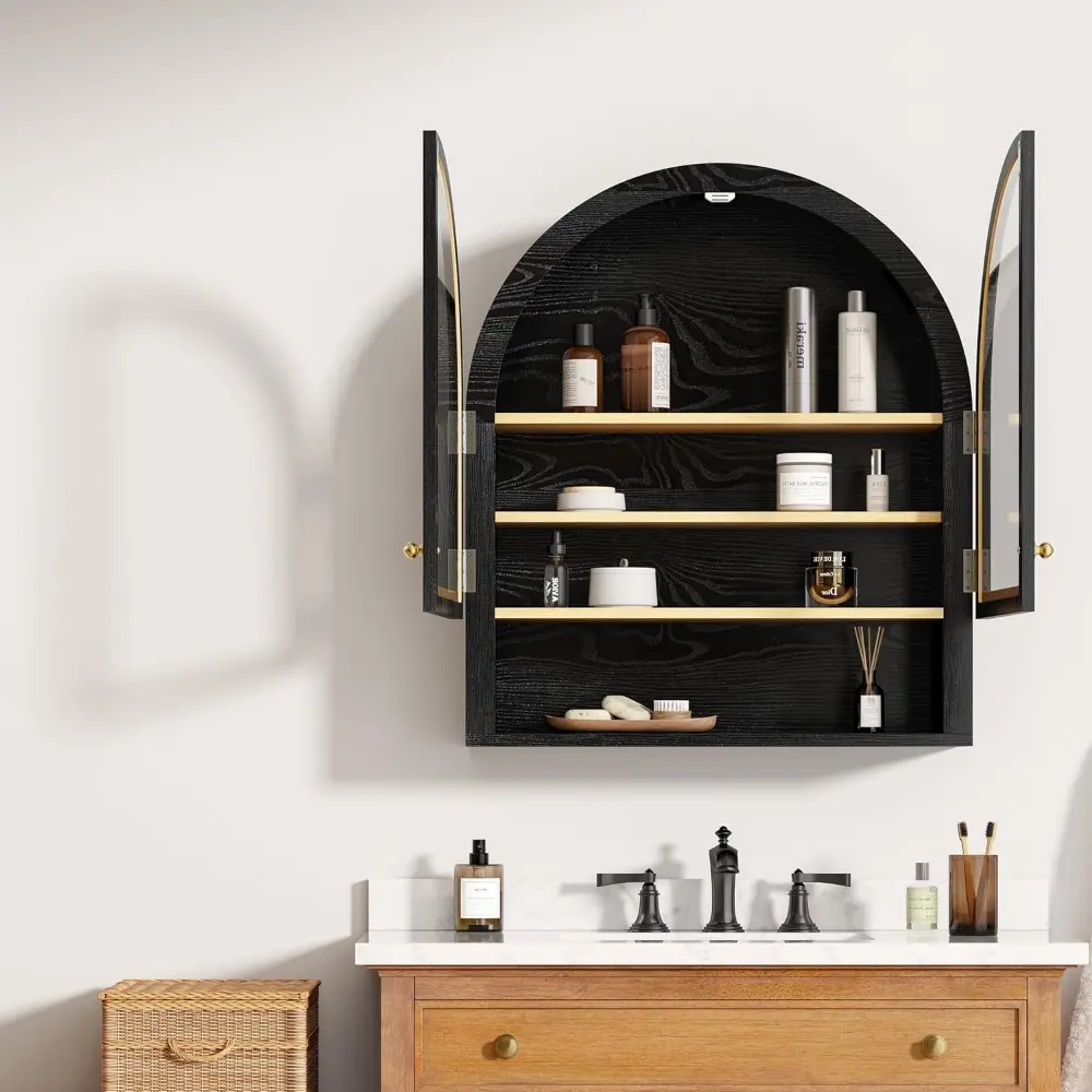Large Arched Wall Cabinet with Acrylic Door, Wood Wall Mounted Bathroom Cabinet, Modern Hanging Medicine Cabinet with Adjustable