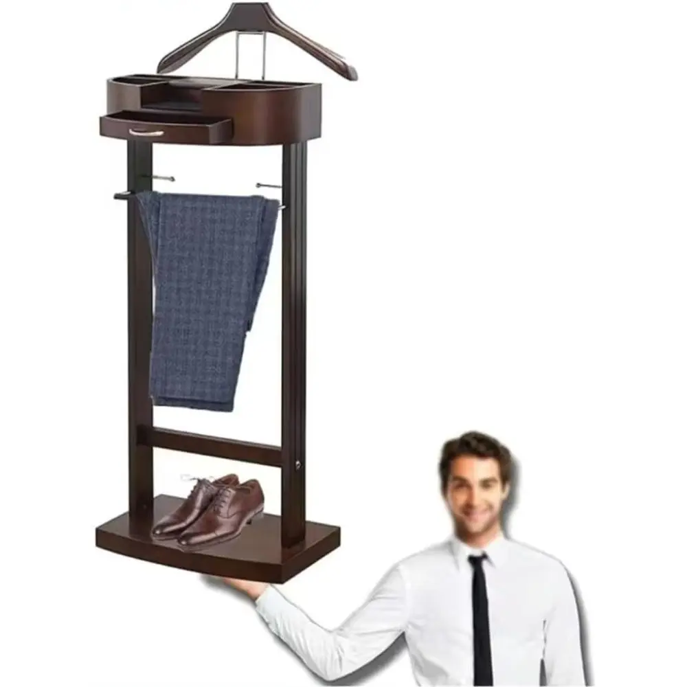 Valet, Mens Valet Stand with Drawer, Wood Clothing Valet Stand SuitTop Tray, Contour Hanger, Trouser Bar, Belt Hooks Shoe Rack,