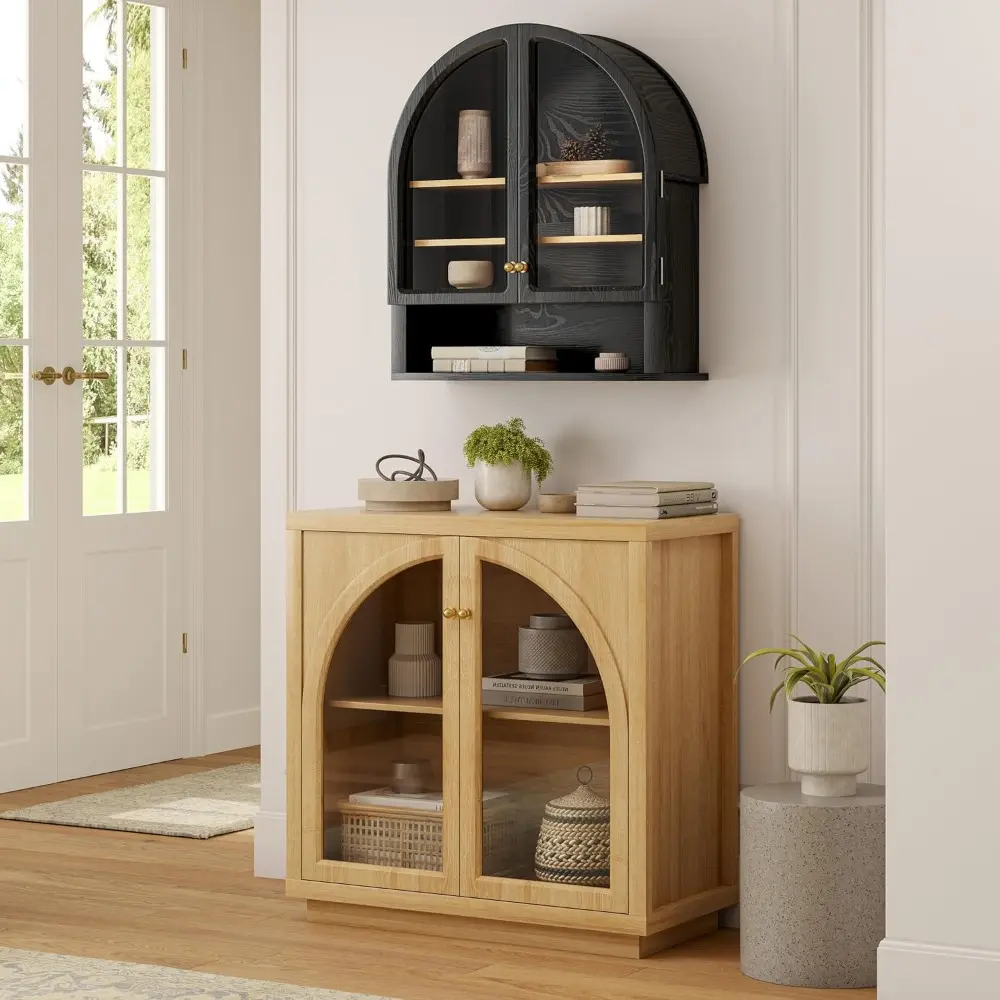Large Arched Wall Cabinet with Acrylic Door, Wood Wall Mounted Bathroom Cabinet, Modern Hanging Medicine Cabinet with Adjustable