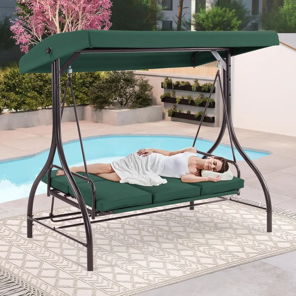 3-Seat Outdoor Patio Swing Chair, 2-in-1 Convertible Porch Swing Glider Chair with Removable Cushions, Adjustable Canopy & Pill