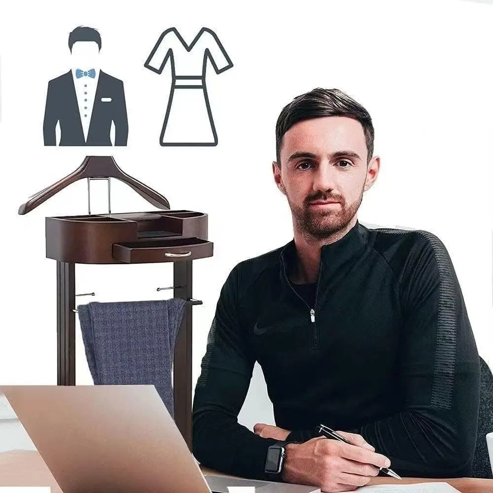 Valet, Mens Valet Stand with Drawer, Wood Clothing Valet Stand SuitTop Tray, Contour Hanger, Trouser Bar, Belt Hooks Shoe Rack,