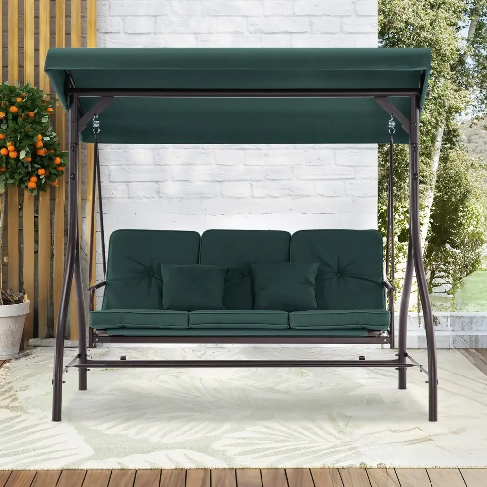 3-Seat Outdoor Patio Swing Chair, 2-in-1 Convertible Porch Swing Glider Chair with Removable Cushions, Adjustable Canopy & Pill
