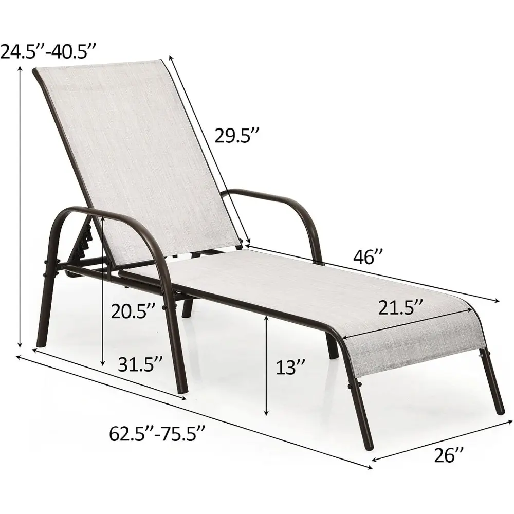 2PCS Grey Outdoor Patio Lounge Chair Chaise Lounge Lounger Sunbathing Bed Curved Armrest 5 Adjustable Backrest Positions Steel F