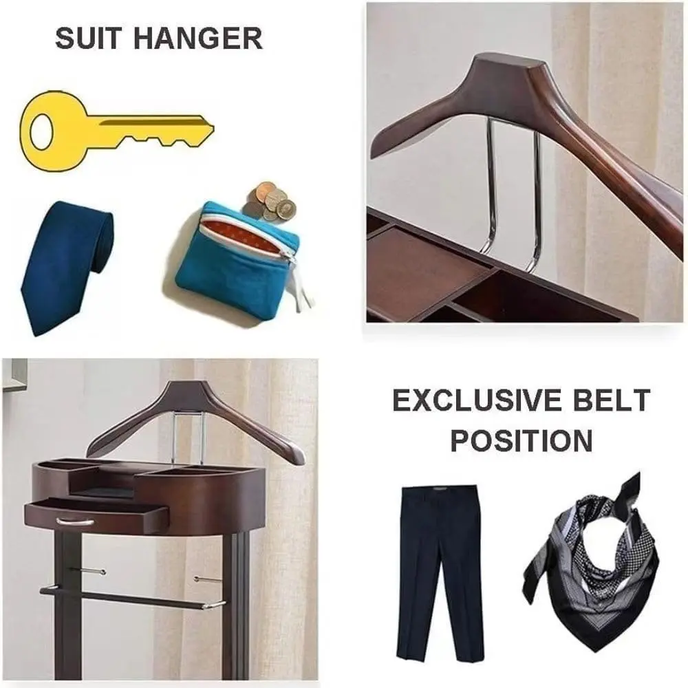Valet, Mens Valet Stand with Drawer, Wood Clothing Valet Stand SuitTop Tray, Contour Hanger, Trouser Bar, Belt Hooks Shoe Rack,