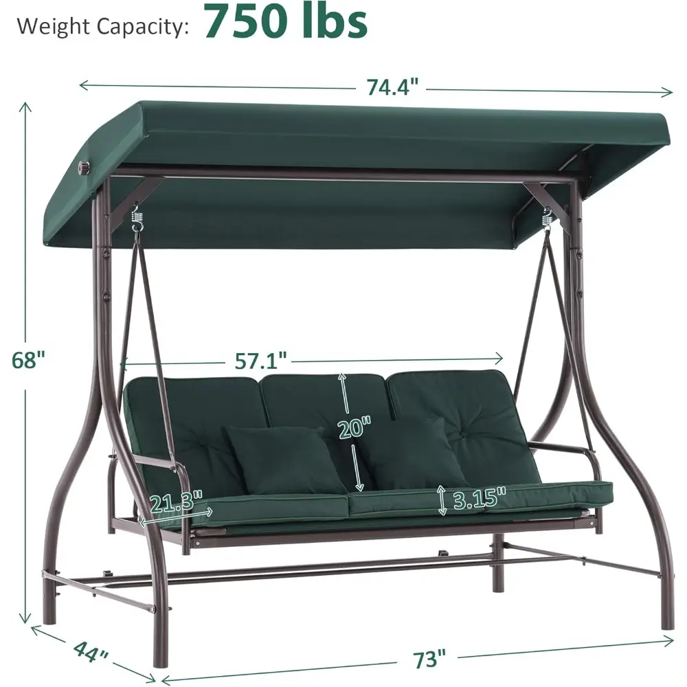 3-Seat Outdoor Patio Swing Chair, 2-in-1 Convertible Porch Swing Glider Chair with Removable Cushions, Adjustable Canopy & Pill