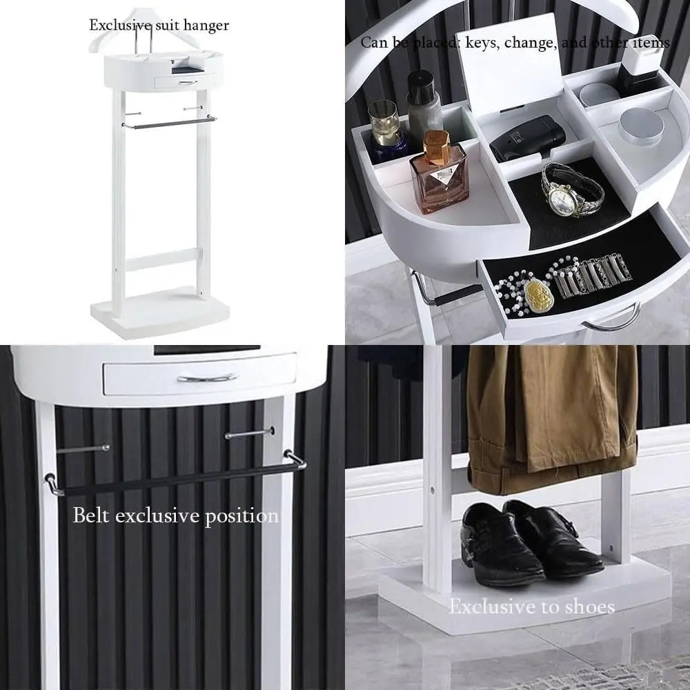 Valet, Mens Valet Stand with Drawer, Wood Clothing Valet Stand SuitTop Tray, Contour Hanger, Trouser Bar, Belt Hooks Shoe Rack,