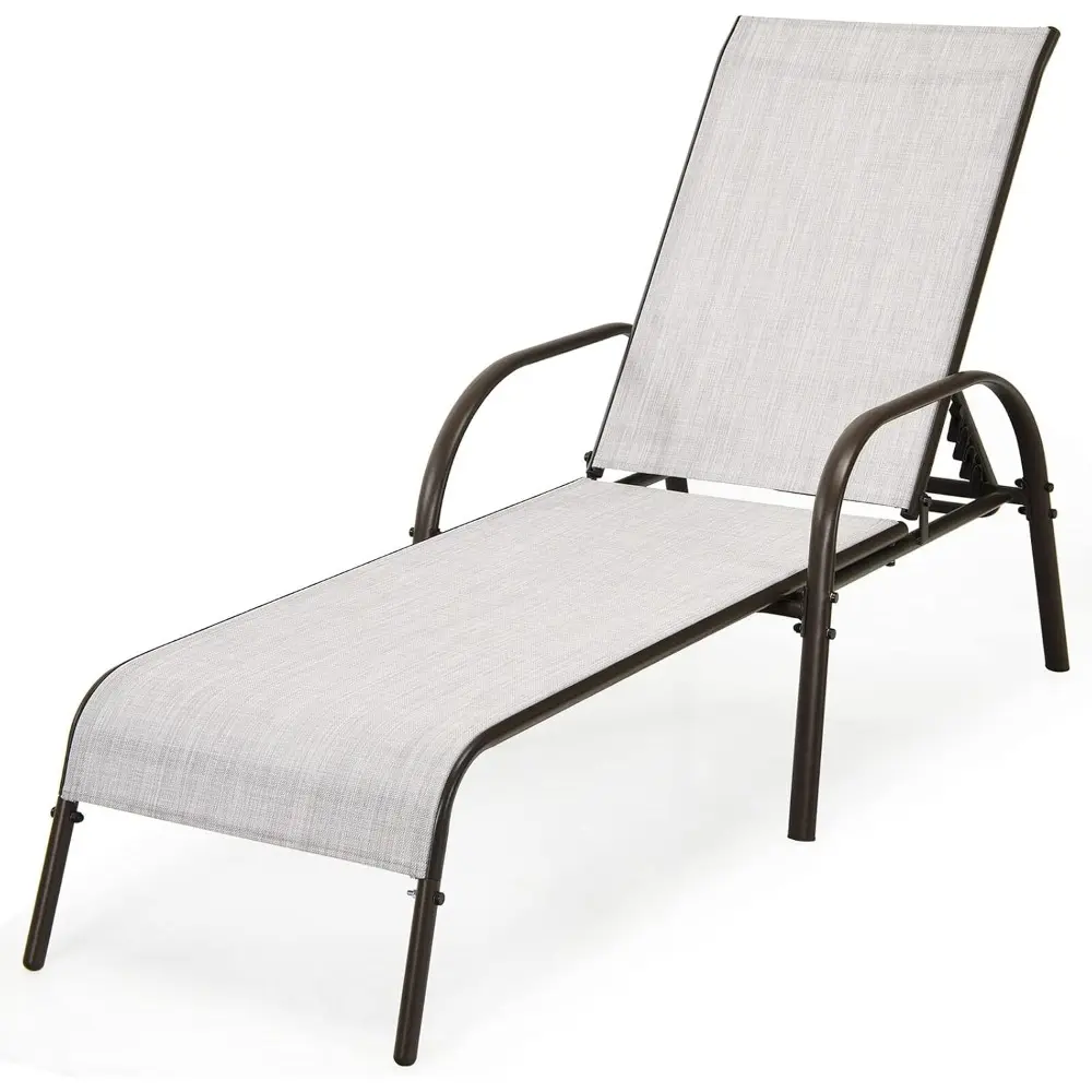 2PCS Grey Outdoor Patio Lounge Chair Chaise Lounge Lounger Sunbathing Bed Curved Armrest 5 Adjustable Backrest Positions Steel F