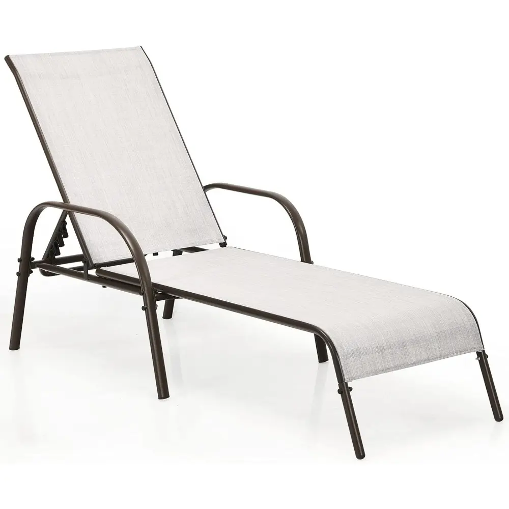 2PCS Grey Outdoor Patio Lounge Chair Chaise Lounge Lounger Sunbathing Bed Curved Armrest 5 Adjustable Backrest Positions Steel F