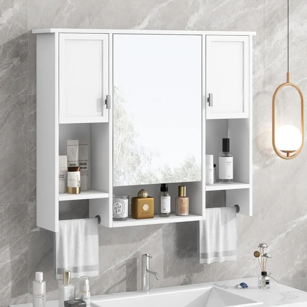 Wall Mount Bathroom Cabinet with Mirror, Open Shelf, and Towel Bar, 35" W x 28.7" H Over The Toilet Mirrored Bathroom Wall Cabi